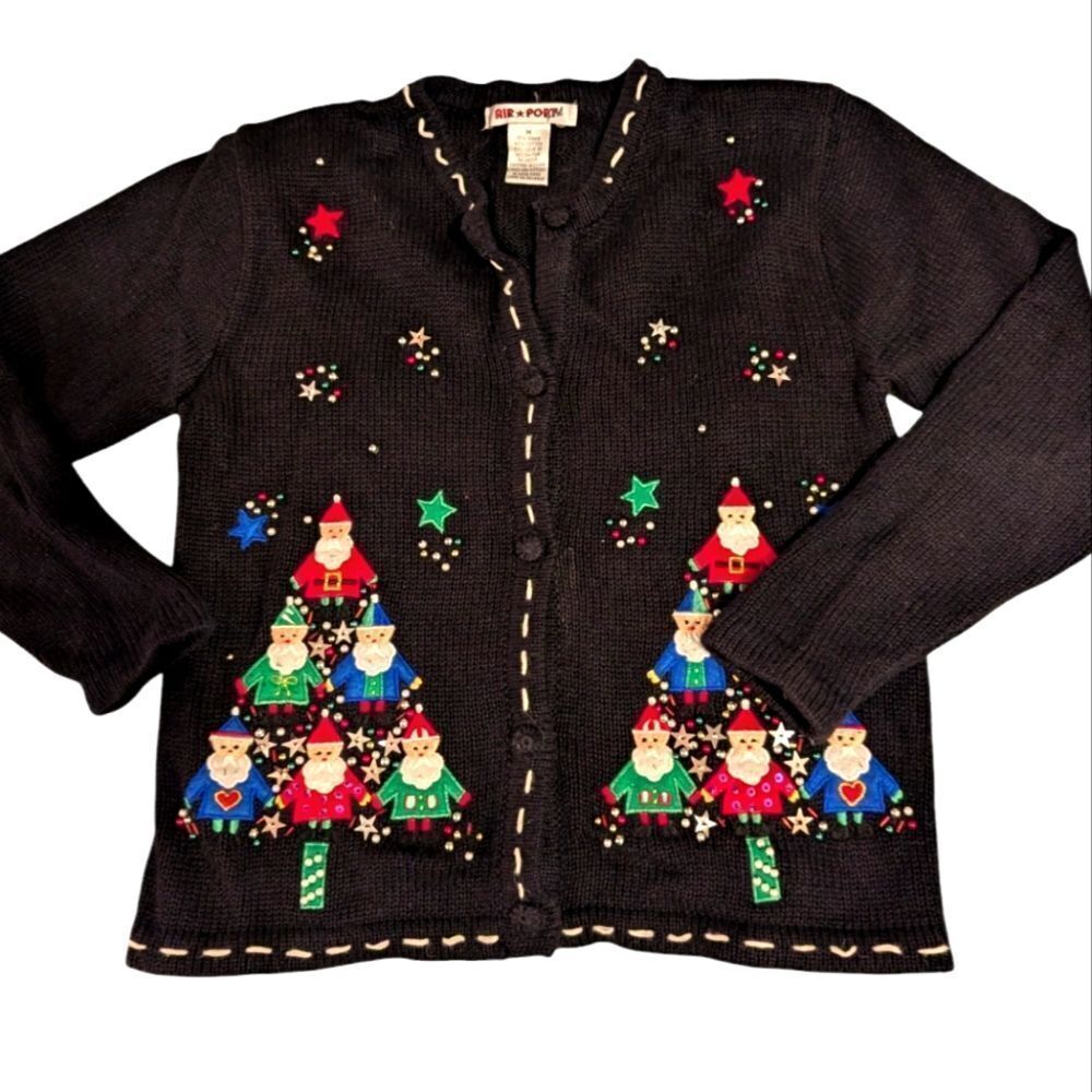 Vintage Airport girls black embroidered Santa Christmas cardigan sweater size M